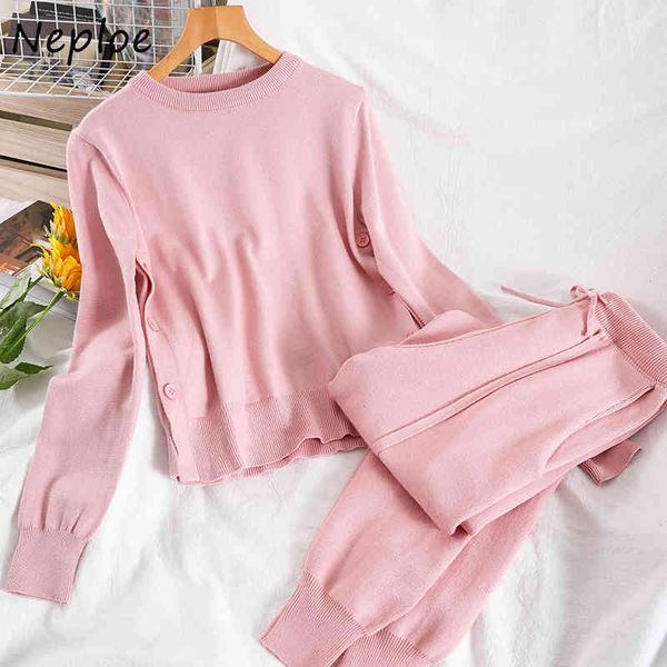 

neploe simple knit solid 2 pcs women set o neck pullover long sleeve sweater + high waist hip harem pants suit spring suit 210423, White