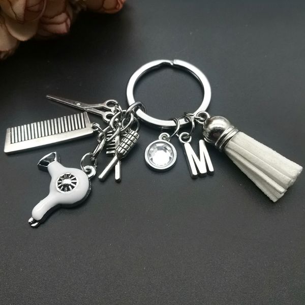 

new a-z hairstyle gift charm tassel keychain retro jewelry mini hairdressing scissors hair dryer comb keychain, Silver