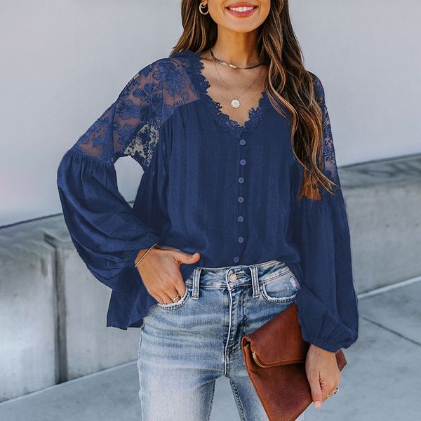 

women's solid casual lace shirt loose v-neck chiffon 2513668, Black