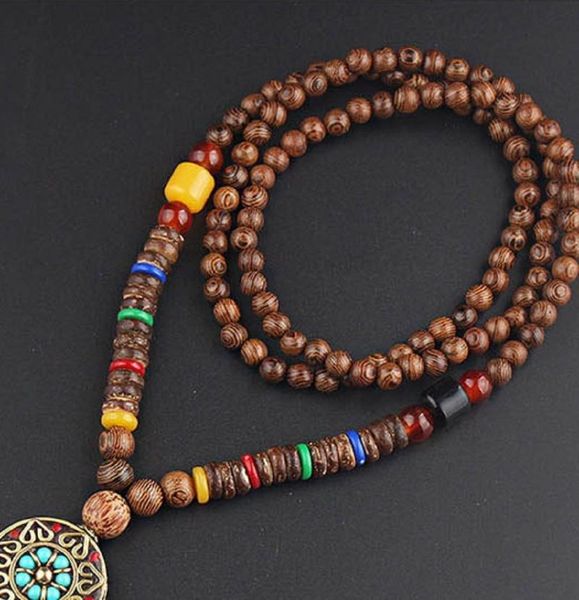 

chains creative wooden retro pendant necklace ethnic vintage bohemian lucky jewelry beaded for women men, Silver
