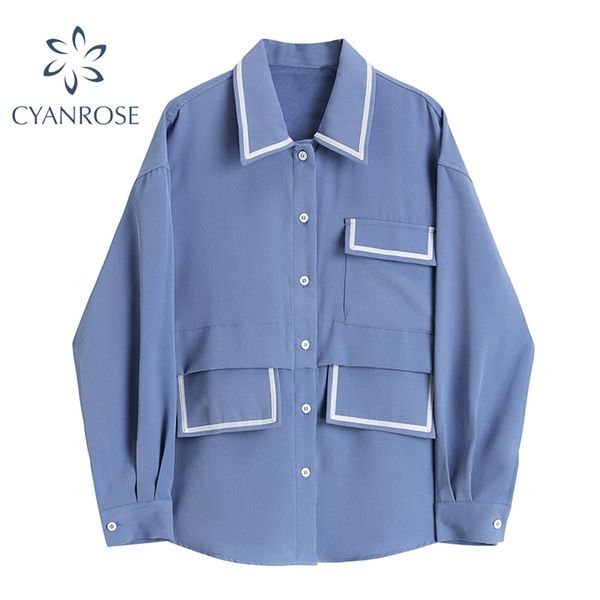 

pocket deign blouses or for women blue single breasted elegant ol work korean shirts spring vintage oversized blusas 210430, White