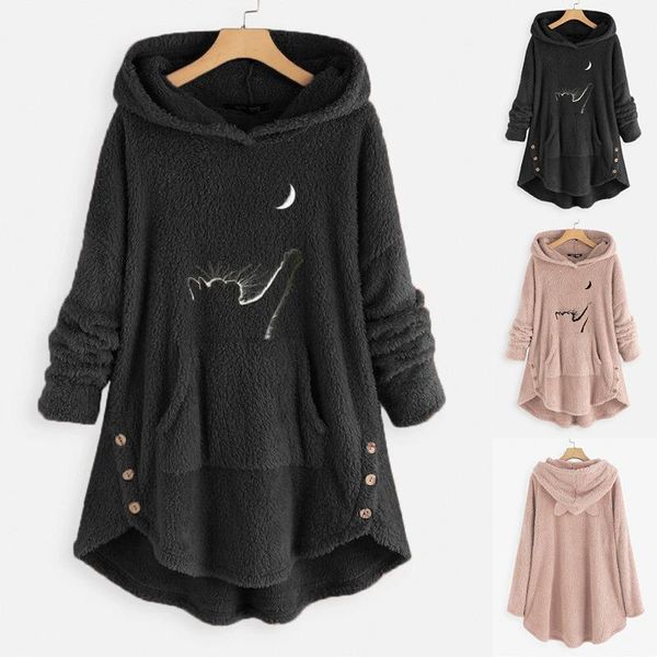 

autumn winter women long hoodies embroidery fleece asymmetrical button hem hoodie coat warm loose lady blouse #t2g women's & sweatshirt, Black