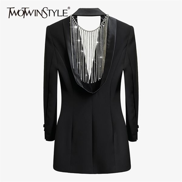 

backless patchwork diamond tassel dress for women notched long sleeve high waist blazer dresses female 210520, Black;gray