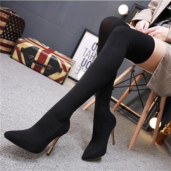 

boots style 2021 fashion stretch fabric sock pointy toe over-the-knee heel thigh high pointed woman elastic tall, Black