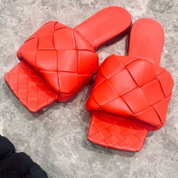 

official website 70% off outlet brand woven square toe braided flat slippers women designer red black nude summer mules shoes real leather b