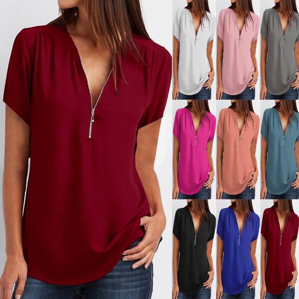

collar zipper plus size women's clothes short sleeve loose chiffon shirt polos, White
