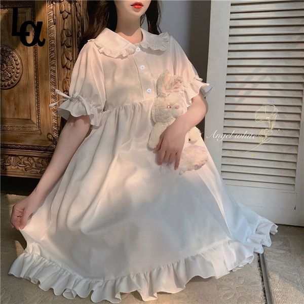 

summer sweet peter pan collar white a-line dress women reffle botton simple cute fairy japanese harajuku vestidos 210519, Black;gray