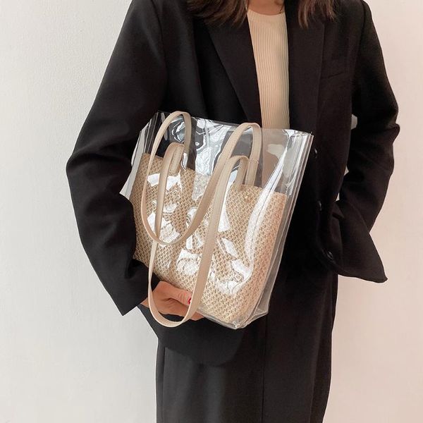 

evening bags 2021 women woven transparent shoulder bag straw + pvc clear shopping female summer beach travel large capacity tote