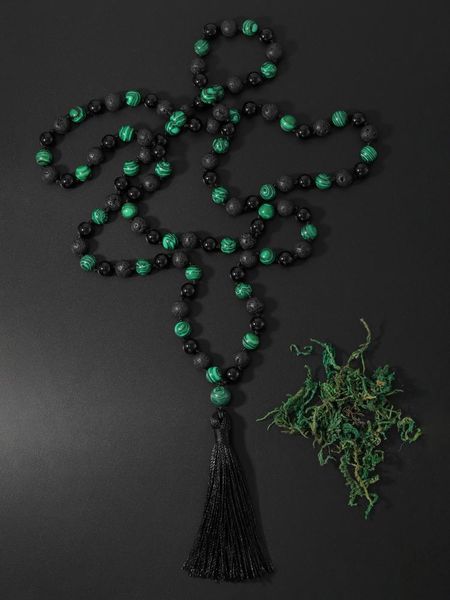 

pendant necklaces oaiite 108 japa mala beads 8mm peacock stone lava rock long tassel necklace women men yoga energy jewelry gift, Silver