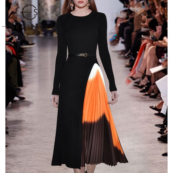 

seqinyy midi elegant dress autumn winter new fashion design women black knitting spliced orange print pleated casual 210319, Black;gray