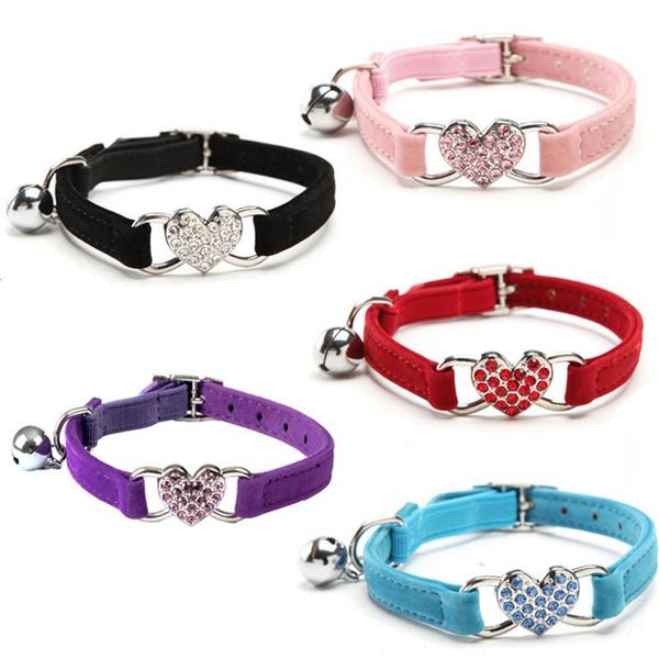 

dog collars & leashes cute heart charm and bell cat collar safety elastic adjustable with soft velvet pet product small accessory