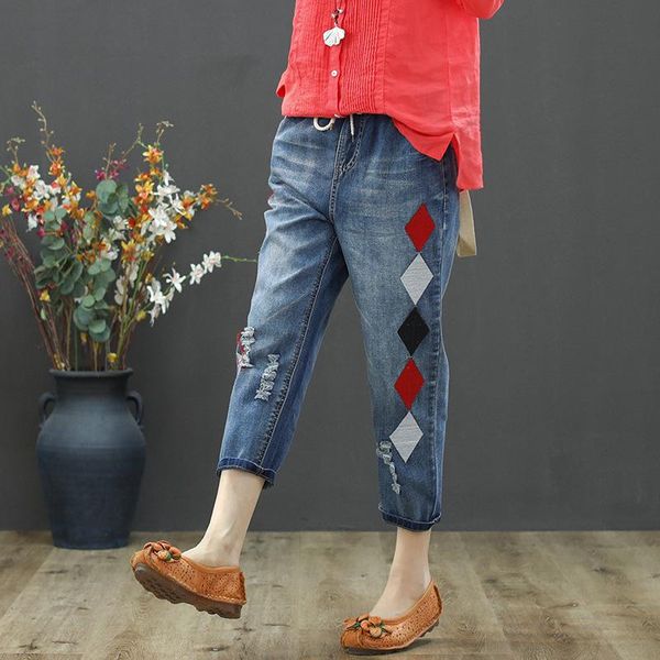 

women's jeans ripped for women girls baggy loose denim pants elastic waist korean fashion streetwear mujer, Blue