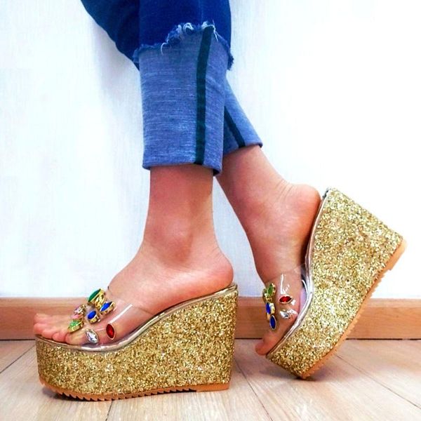 

slippers sarairis office for women 2021 platform wedges high heels crystal summer slides beach woman shoes, Black