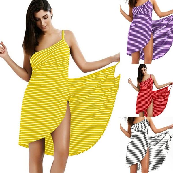 

women's swimwear women summer wearable bath towel striped print spaghetti strap wrap beach dress sling bathrobe blanket swim cover up, White;black