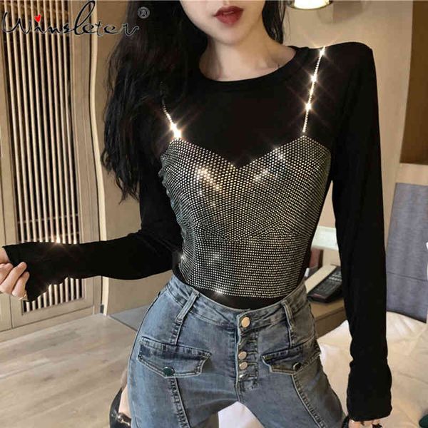 

women's t-shirt fall winter european clothes women fashion shiny diamonds ropa mujer bright bottoming shirt tees t09505l, White