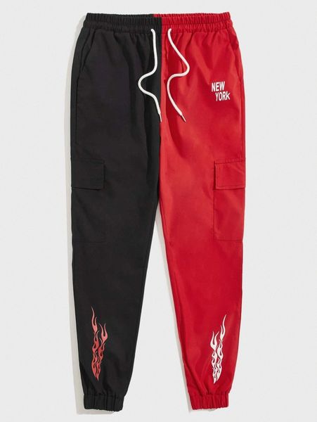 

romwe guys letter fire graphic colorblock cargo pants r2wr#, Black