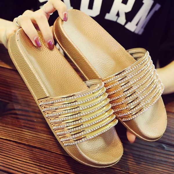 

slippers ladies flip-flops glossy diamond crystal summer beach home women's golden flats k0wd, Black