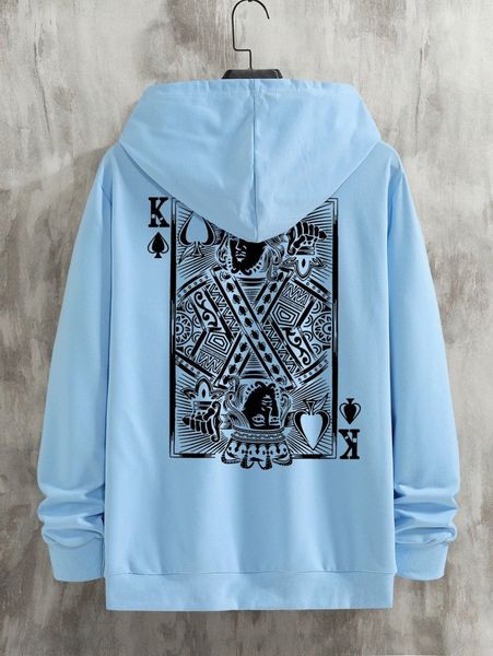

men playing card print kangaroo pocket drawstring hoodie n5uh#, Black