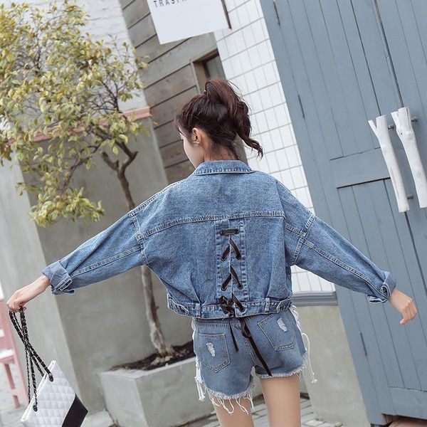 

women's jackets 2021 autumn and winter korean version of the lapel long-sleeved lace-up denim jacket short top, Black;brown