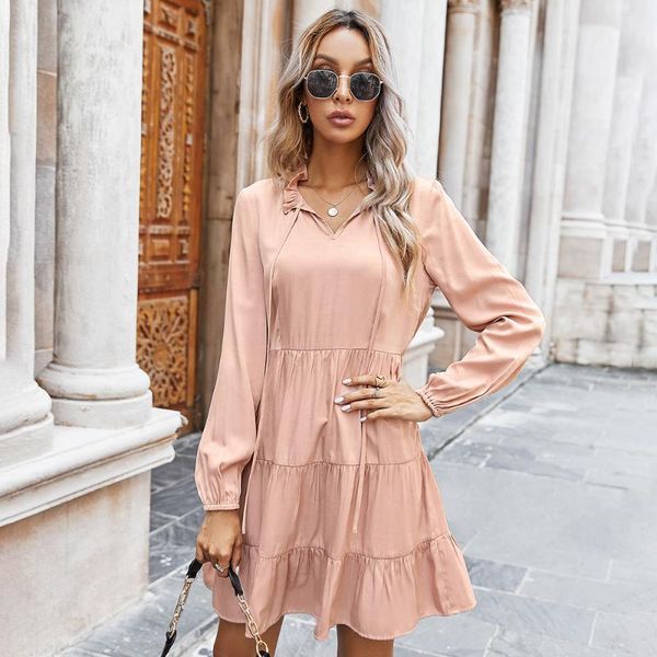 

casual dresses solid pink spring women mini dress v neck long sleeve elegant ruffles swing female holiday vestidos, Black;gray