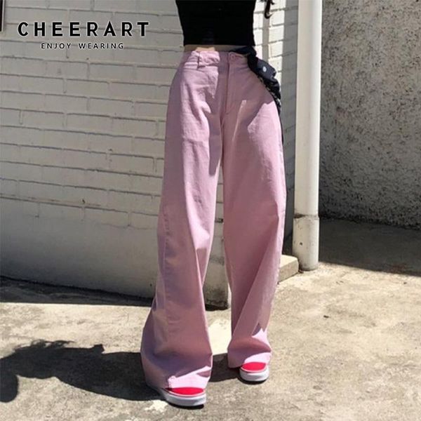 

women's pants & capris cheerart wide leg women high waist cotton loose pink trousers korean grunge long, Black;white