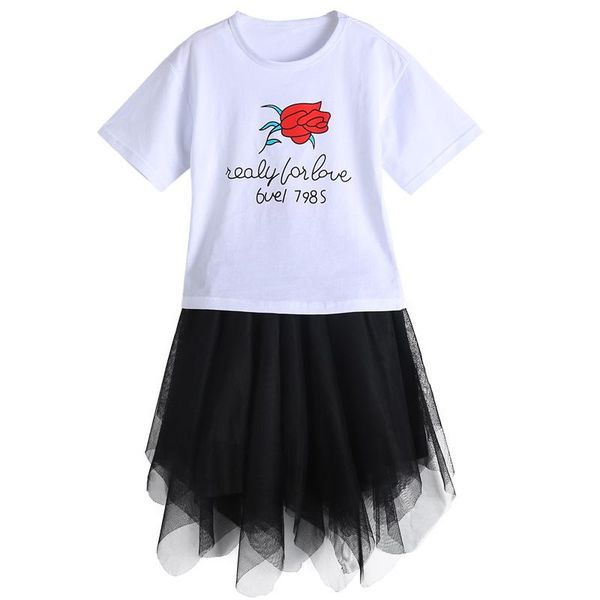 

kids clothes sets girls flower veil two-piece summer casual short-sleeved t-shirt +skirt 2pc 4 6 7 8 9 10 12 ages clothing, White