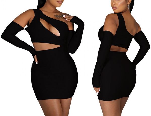 

casual dresses spring and autumn hollow solid slim corset dress women inclined shoulder long sleeve backless party bodycon mini 2021, Black;gray