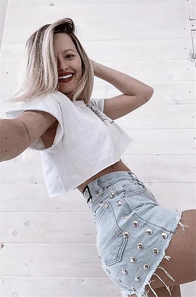 

women's pants & capris fashion high waisted denim shorts vintage tassel rivet loose punk girls jeans short summer woman cloth, Black;white