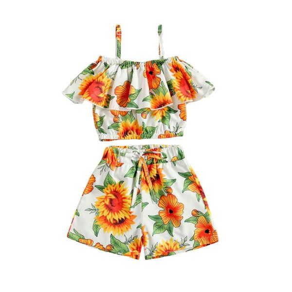 

clothing sets 2021 lovely casual baby camisole + shorts sunflower print rruffle decoration elastic high waist summer, White