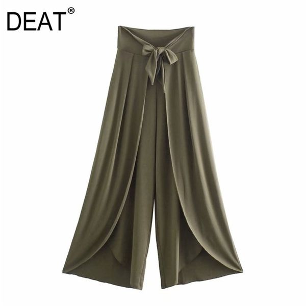 

[deat] spring autumn fashion high waist solid color bow irregular loose personality women wiide leg pants 13c384 210527, Black;white