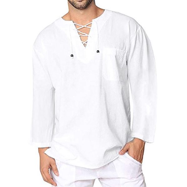 

men's t-shirts summer clothing fashion casual linen long sleeve v-neck thin belt solid color oversized t-shirt plus size, White;black