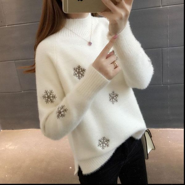 

womens sweater women warm pullover winter soft mohair snowflak pattern autumn casual velvet thick knitted 3xl, White;black