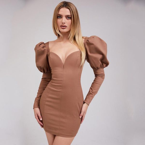 

casual dresses adyaby satin puff-sleeve ruched dress for women solid v collar ladies streetwear backless zip vestidos, Black;gray