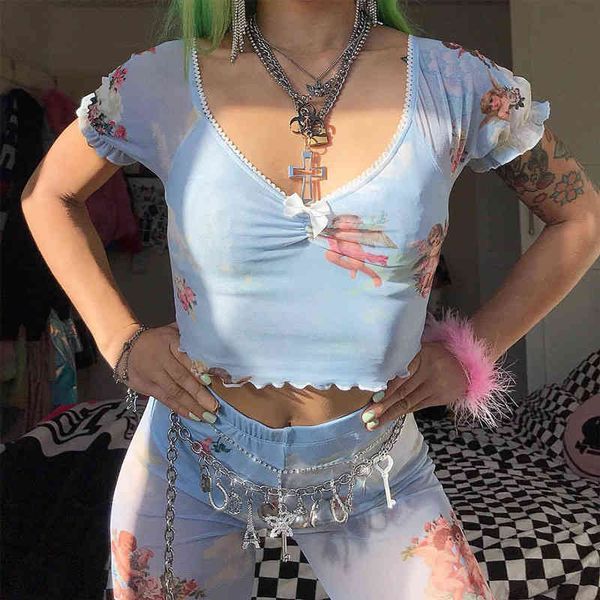 

summer angel print pullovers see through crop female mesh ruffle v-neck shirts blouse fashion streetwears 210517, White