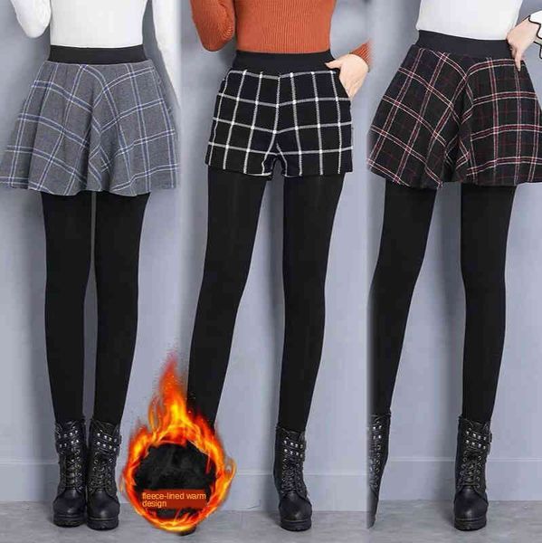 

women's leggings high waist stretch women stirrup mock two-piece shorts autumn winter plaid fleece lined padded bootcut pants lift, Black