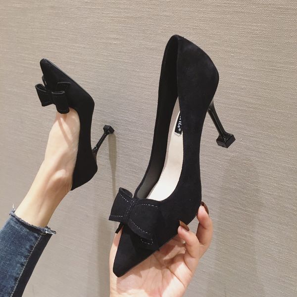 

dress shoes spring pointed shallow bow women's shoes slim heel 61-7 xgky, Black