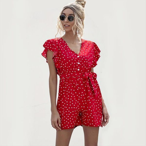 

polka dot print fashion red women jumpsuits playsuits summer vintage short sleeve high waist with belt femme elegance jumpsuit, Black;white