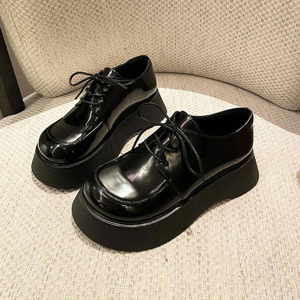 

dress shoes pumps high heels british style college 2021 women sneakers lace up bright genuine leather causal, Black