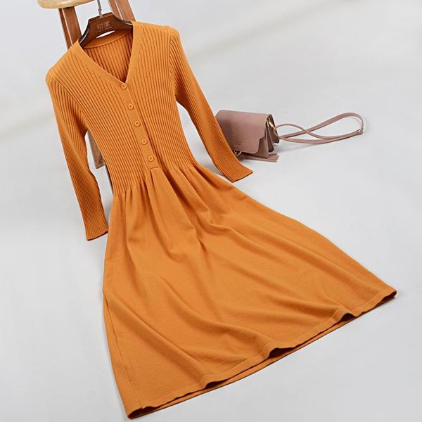 

casual dresses autumn winter button v-neck maxi sweater dress women female long knitted elegant a-line solid slim, Black;gray