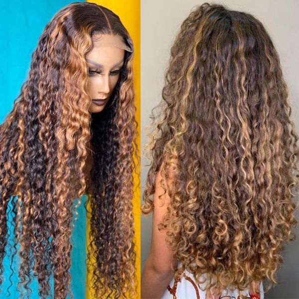 

lace wigs 30 40 inch highlight ombre closure front wig curly human hair deep wave 13x4 transparent frontal for black women, Black;brown
