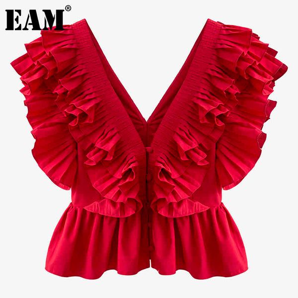 

[eam] women red casual layers ruffles pleated loose fit vest v-collar sleeveless fashion spring summer 1dd8514 210512, Black;white