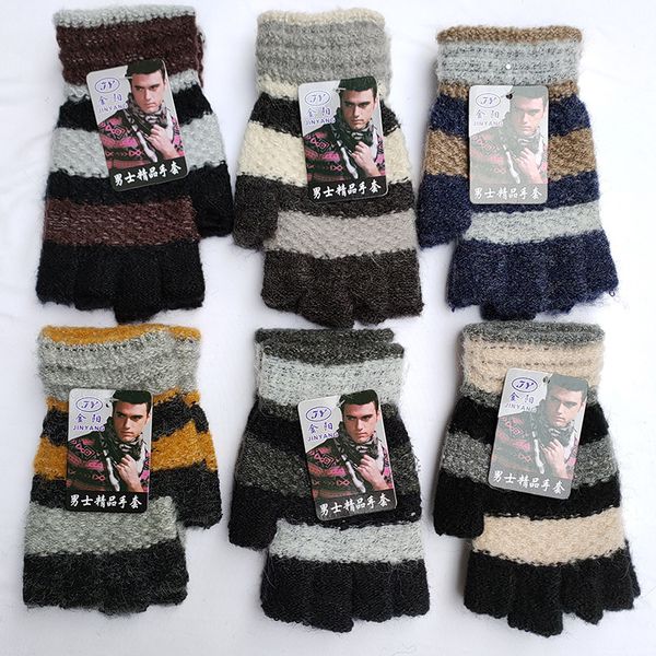

winter mens half-finger gloves mohair mixed color stripe half finger outdoor cold-proof warm wholesale, Blue;gray