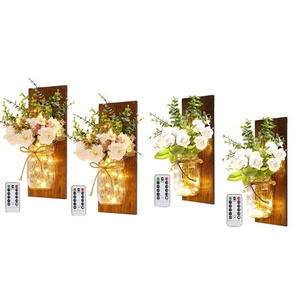 

wall lamp mason jar sconces,rustic hanging home decor 2 set with remote control led fairy lights decorative