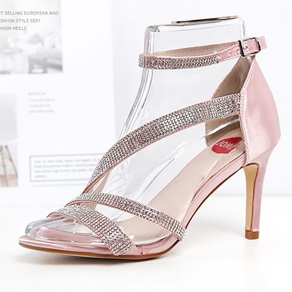 

summer rome women gladiator sandals platform thin high heel crystal peep toe ankle buckle dress ladies shoes zapatos de mujer, Black