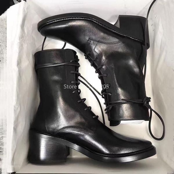 

boots lace up women fashion round toe ladies shoes black med heeled riding ankle