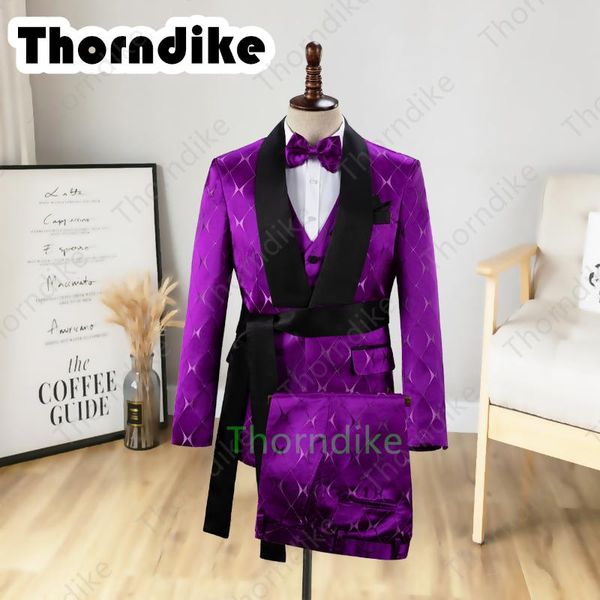 

men's suits & blazers thorndike fashion style men suit with black satin belt jacket vest pants set shawl lapel costume homme check patt, White;black