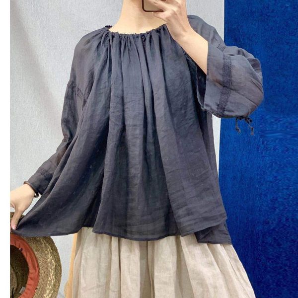 

women's blouses & shirts fairynatural 2021 spring fall ladies retro linen solid color three quarter sleeve women loose ruffles, White
