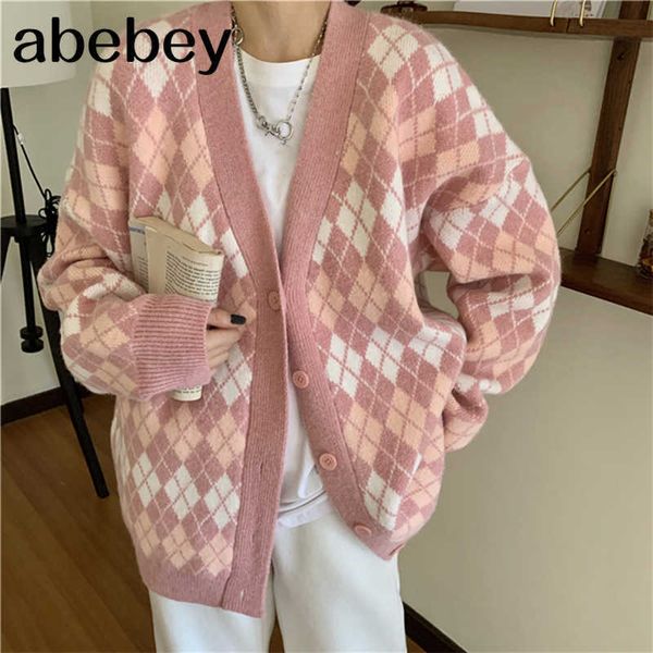 

vintage argyle sweater cardigan women pink knitted sweaters vest loose casual plaid sleeveless jumpers female kawaii 210715, White;black