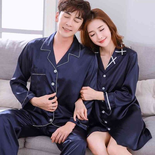 

spring couple sleepwear long sleeve woman imitation silk sleep suit autumn loose homewear men soft nightwear h5525, Black;brown