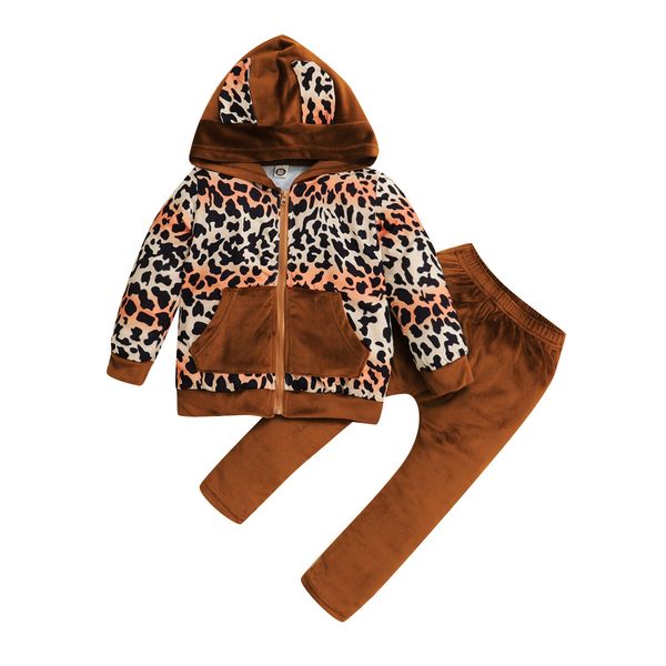 

2-7y fashion kids baby girl long sleeve leopard hooded jacket long pant trouser 2pcs outwear autumn winter clothes set, Blue;gray